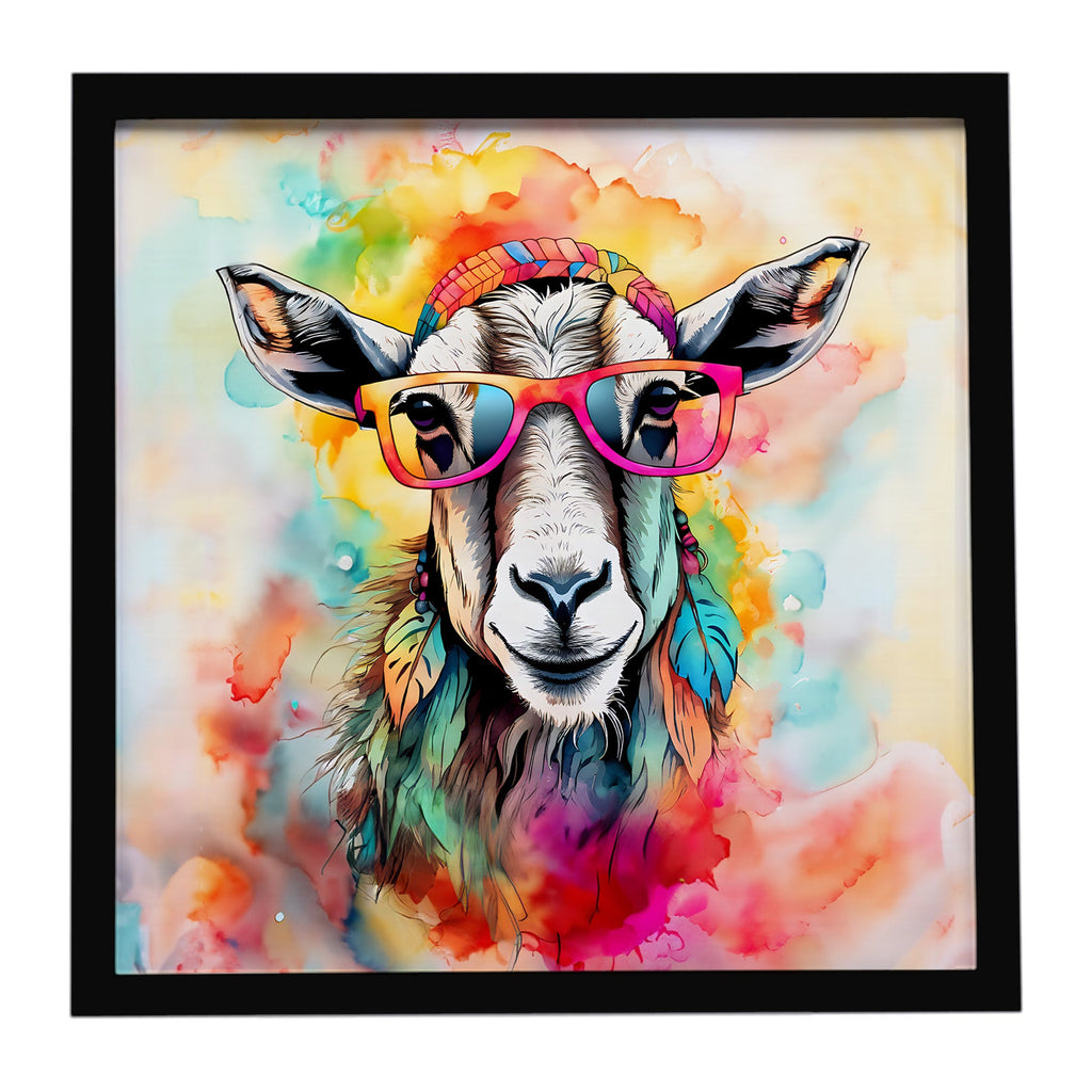Hippie Animal Goat Framed Metal Print Bathroom, Kitchen, Office, Home Decor Wall Art Ready to Hang, Square, 8X8