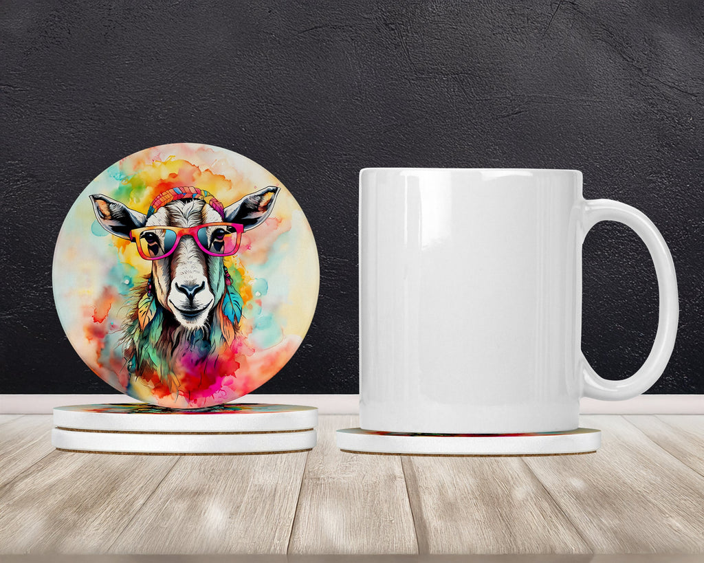 Hippie Animal Goat Large Sandstone Coasters Pack of 4 Absorbent Round Coasters Decor Gifts for Men or Women, 4 in, Multicolor