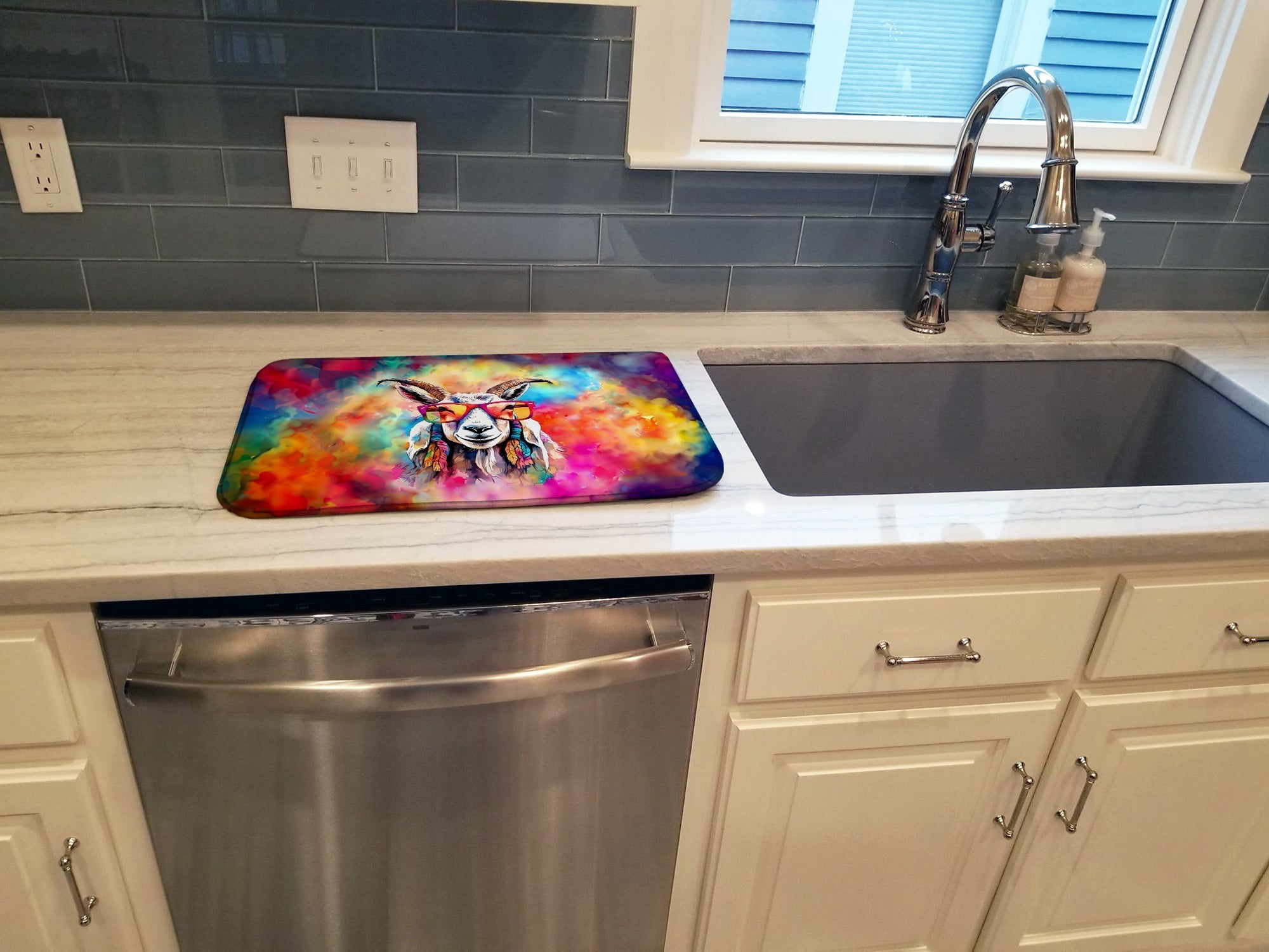 Hippie Animal Goat Dish Drying Mat Absorbent Dish Drying Mat Pad for Kitchen Counter Dish Drainer Mat for Countertop, 14 x 21", Multicolor