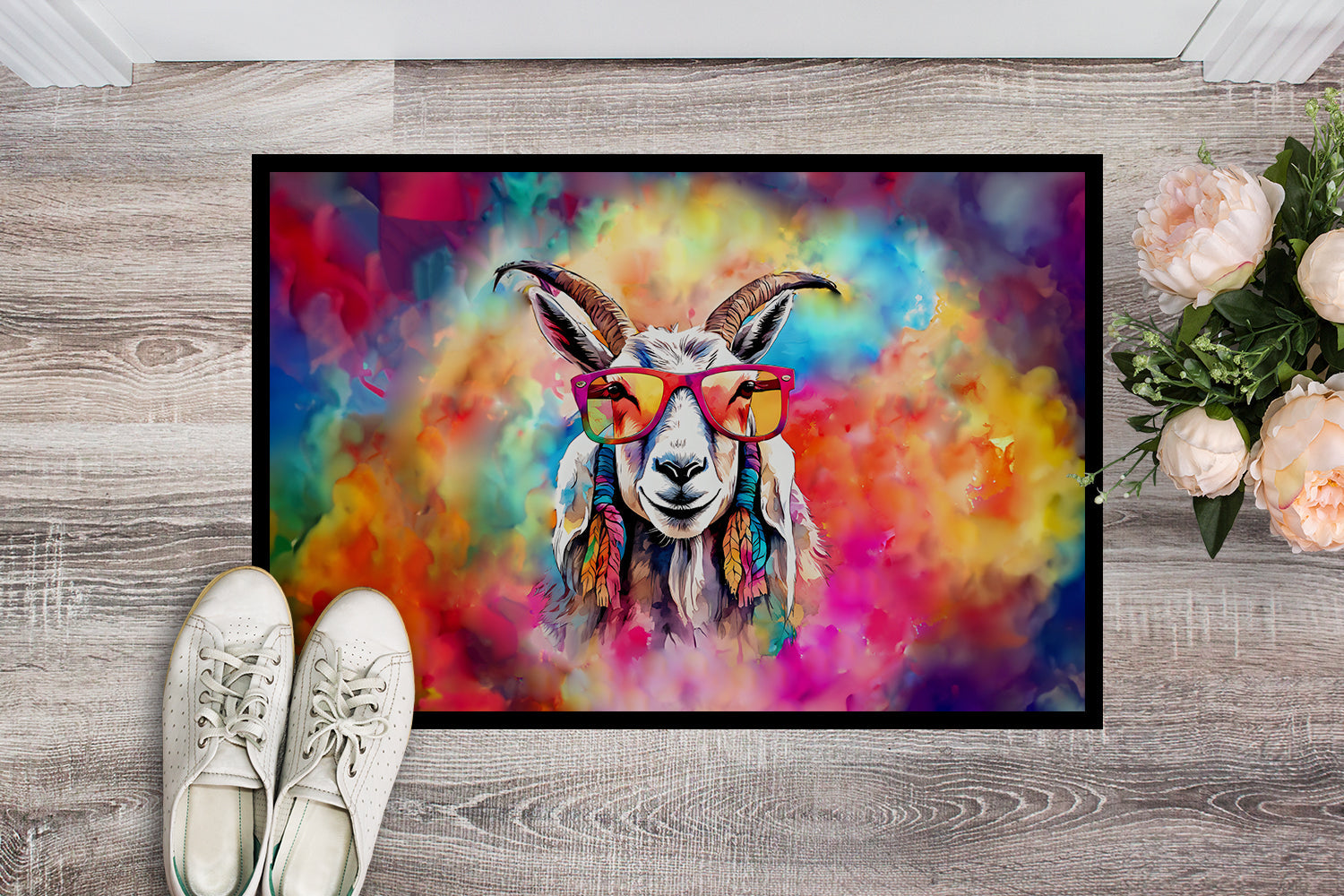 Hippie Animal Goat Doormat Indoor Outdoor 24H X 36W Front Door Mat Rugs for Entryway, Non Slip Washable Low Pile,