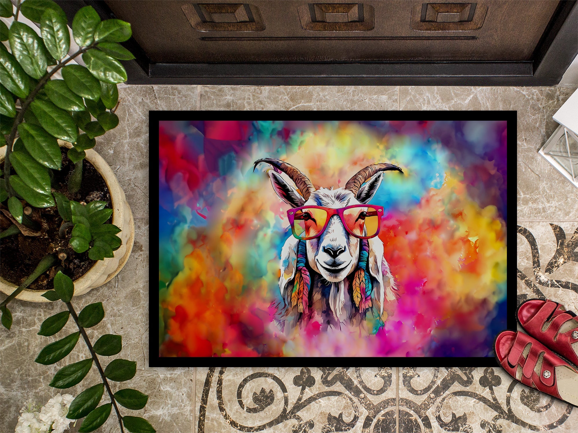 Hippie Animal Goat Doormat Indoor Outdoor 24H X 36W Front Door Mat Rugs for Entryway, Non Slip Washable Low Pile,