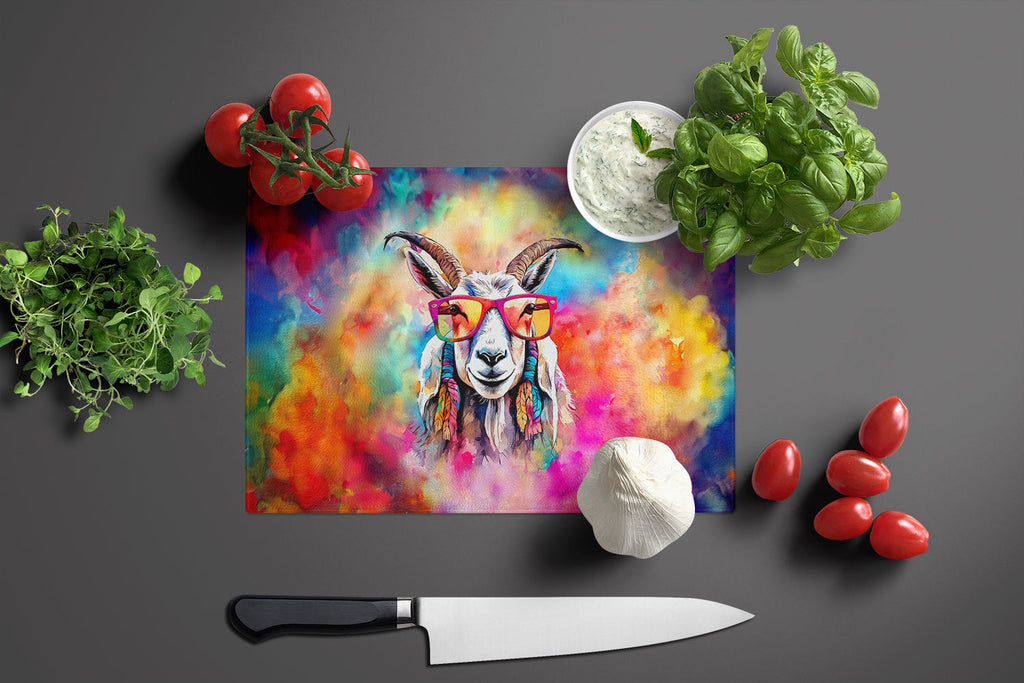 Hippie Animal Goat Cutting Board Tempered Glass Kitchen Cutting Surface, Heat Resistant Chopping, Non-Slip Feet, Food Prep & Serving
