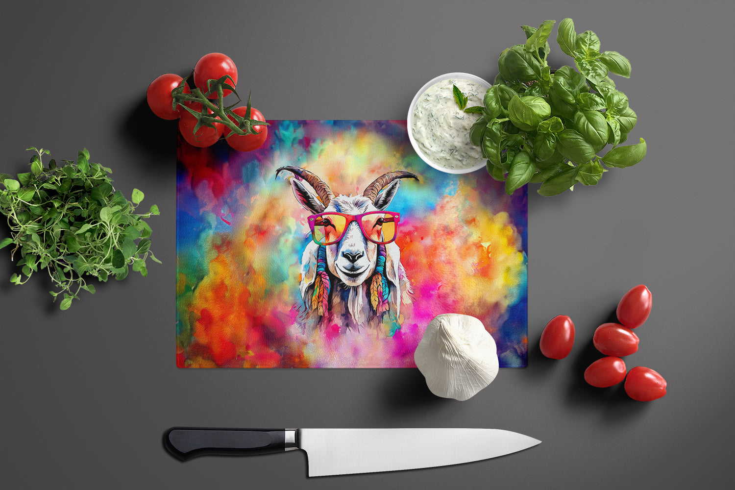 Hippie Animal Goat Cutting Board Tempered Glass Kitchen Cutting Surface, Heat Resistant Chopping, Non-Slip Feet, Food Prep & Serving