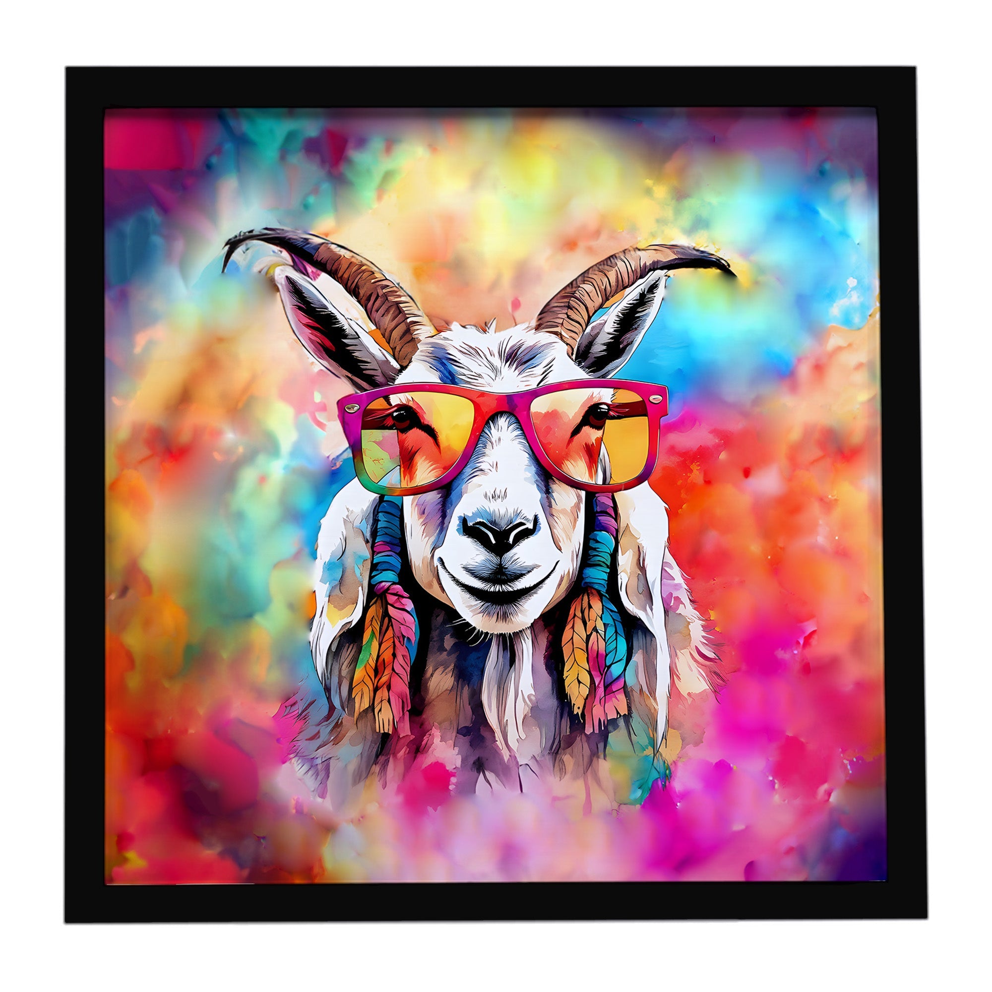 Hippie Animal Goat Framed Metal Print Bathroom, Kitchen, Office, Home Decor Wall Art Ready to Hang, Square, 8X8