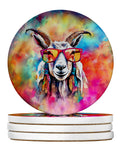 Hippie Animal Goat Large Sandstone Coasters Pack of 4 Absorbent Round Coasters Decor Gifts for Men or Women, 4 in, Multicolor