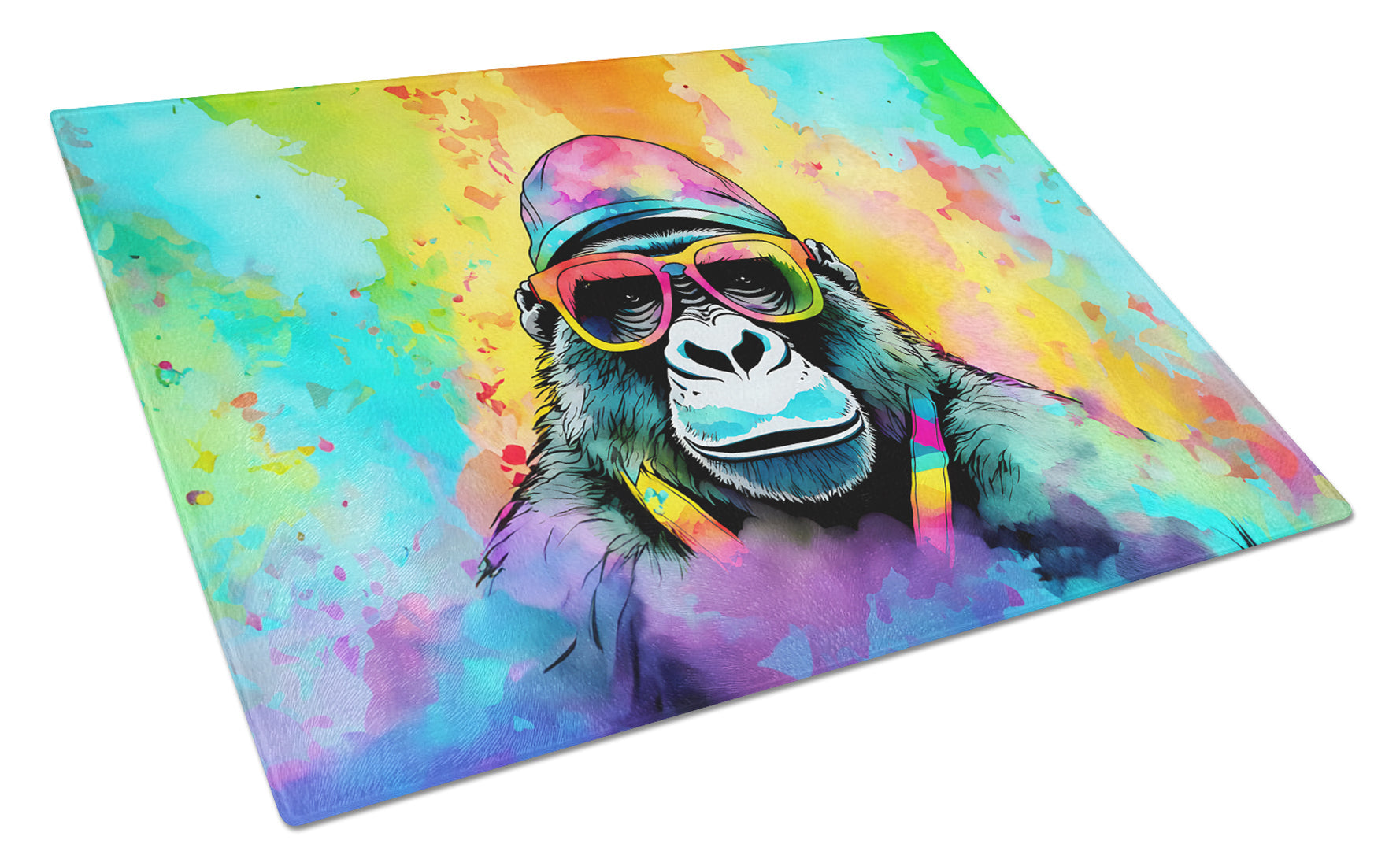 Hippie Animal Gorilla Cutting Board Tempered Glass Kitchen Cutting Surface, Heat Resistant Chopping, Non-Slip Feet, Food Prep & Serving