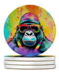 Hippie Animal Gorilla Large Sandstone Coasters Pack of 4 Absorbent Round Coasters Decor Gifts for Men or Women, 4 in, Multicolor