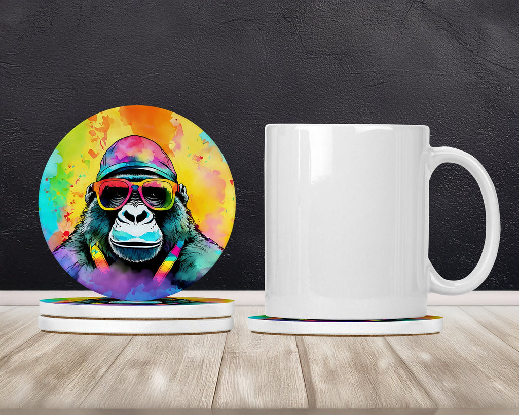 Hippie Animal Gorilla Large Sandstone Coasters Pack of 4 Absorbent Round Coasters Decor Gifts for Men or Women, 4 in, Multicolor