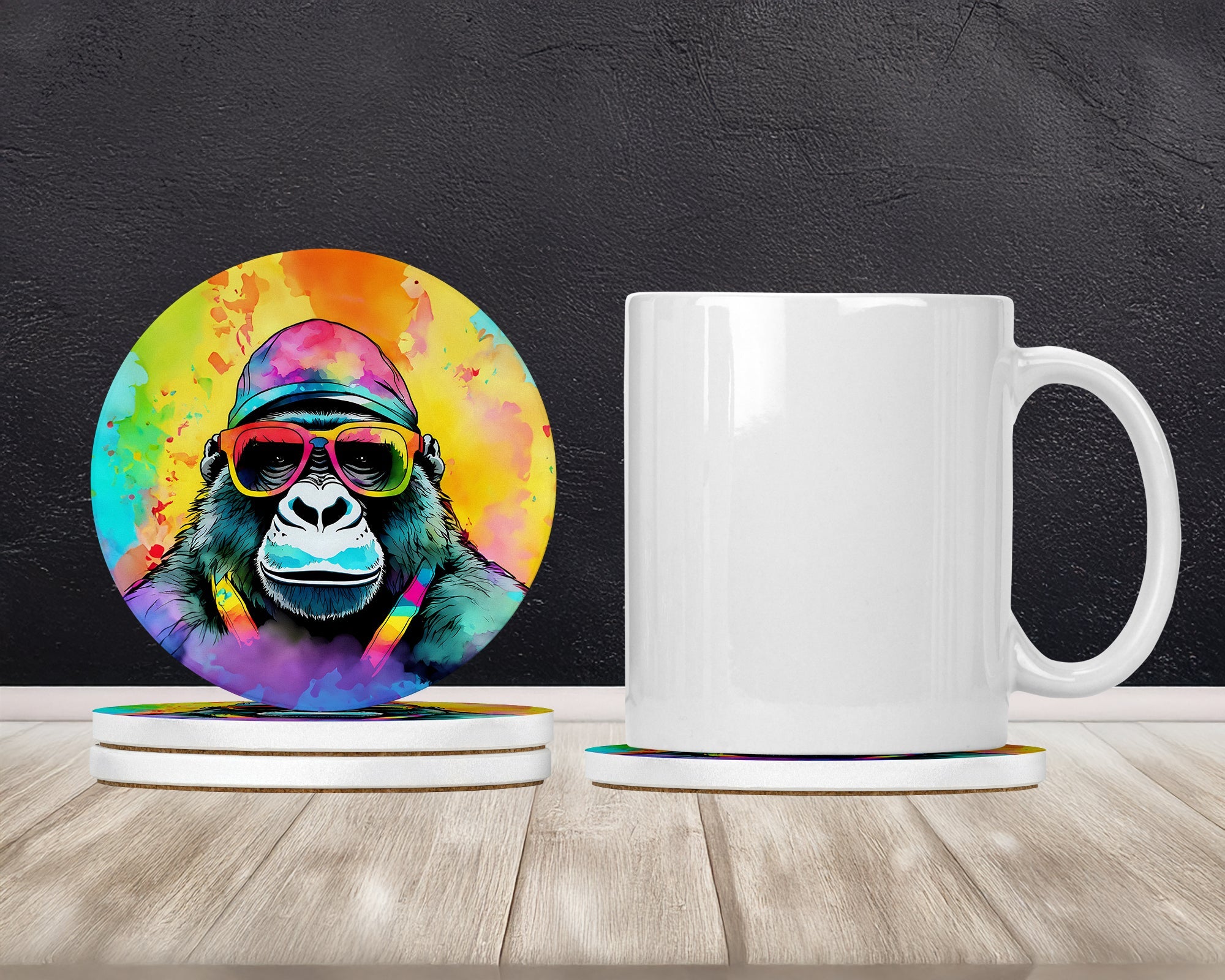 Hippie Animal Gorilla Large Sandstone Coasters Pack of 4 Absorbent Round Coasters Decor Gifts for Men or Women, 4 in, Multicolor