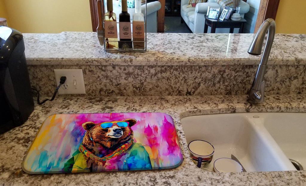 Hippie Animal Grizzly Bear Dish Drying Mat Absorbent Dish Drying Mat Pad for Kitchen Counter Dish Drainer Mat for Countertop, 14 x 21", Multicolor