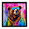 Hippie Animal Grizzly Bear Framed Metal Print Bathroom, Kitchen, Office, Home Decor Wall Art Ready to Hang, Square, 8X8