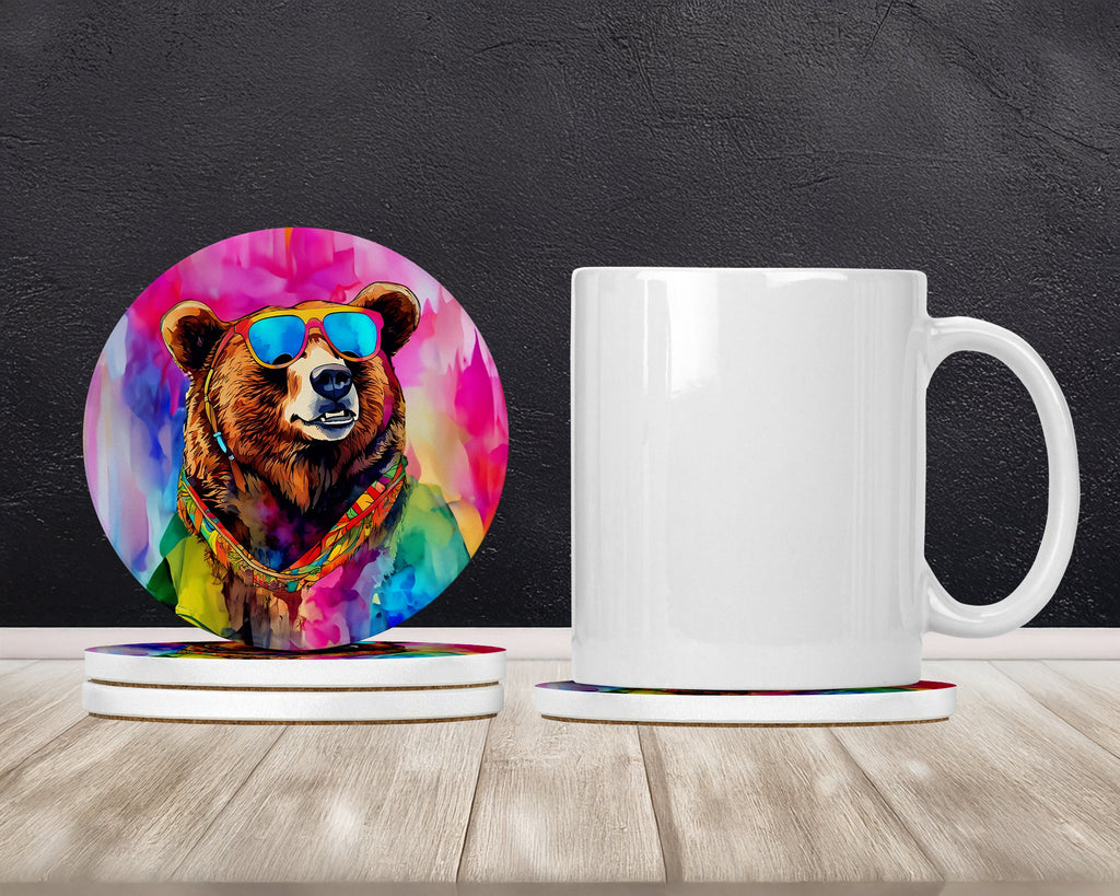Hippie Animal Grizzly Bear Large Sandstone Coasters Pack of 4 Absorbent Round Coasters Decor Gifts for Men or Women, 4 in, Multicolor