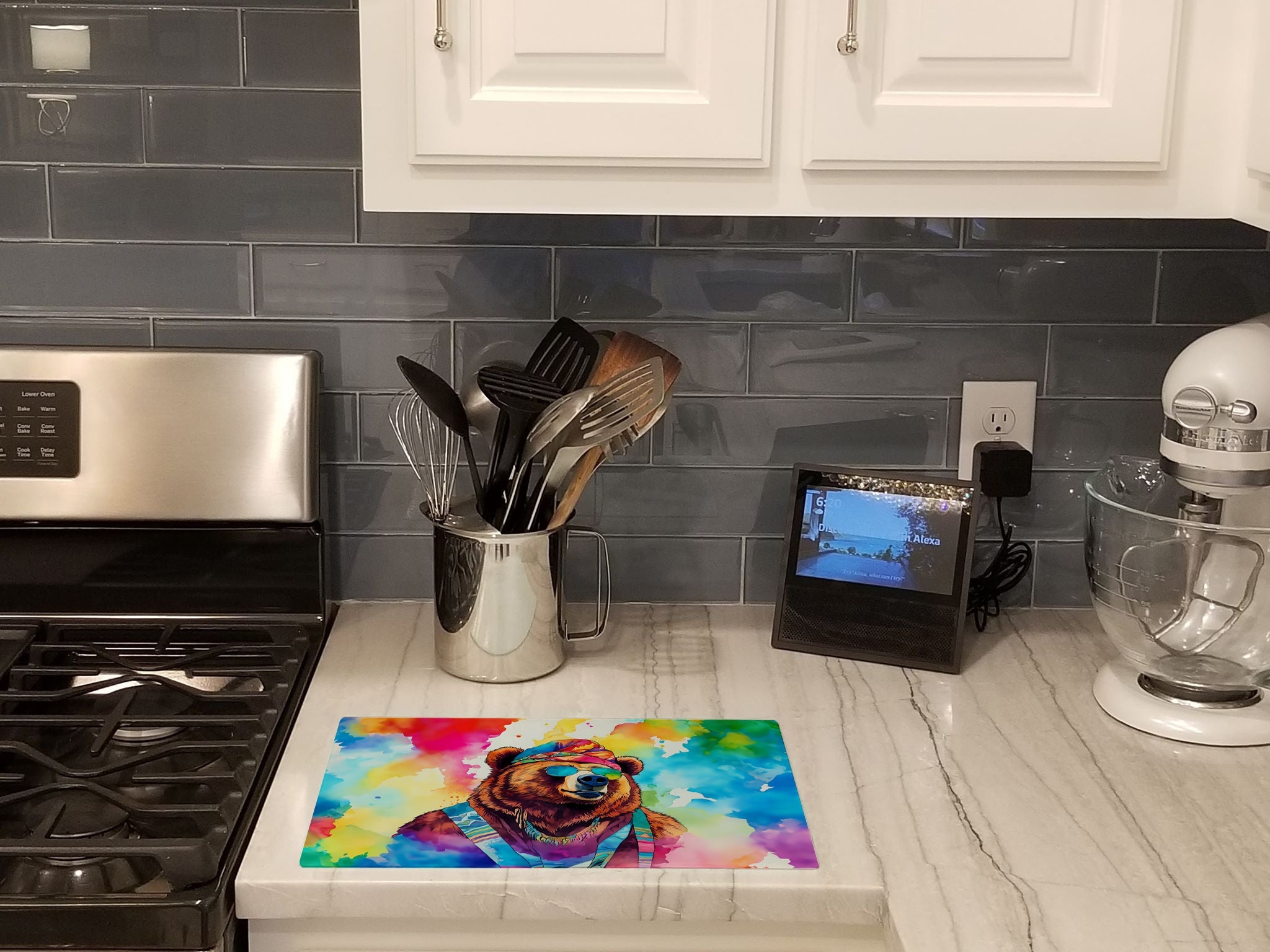 Hippie Animal Grizzly Bear Cutting Board Tempered Glass Kitchen Cutting Surface, Heat Resistant Chopping, Non-Slip Feet, Food Prep & Serving