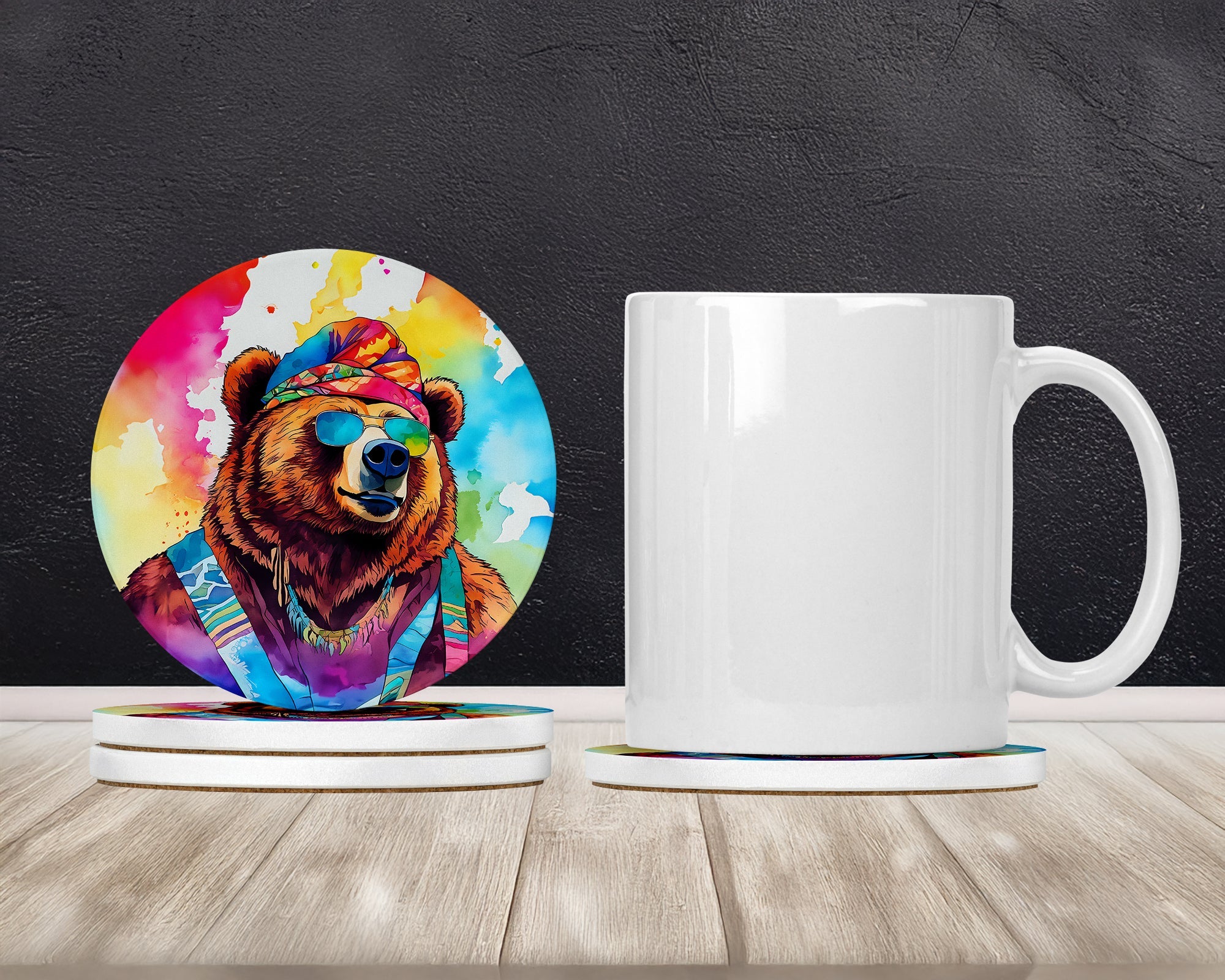 Hippie Animal Grizzly Bear Large Sandstone Coasters Pack of 4 Absorbent Round Coasters Decor Gifts for Men or Women, 4 in, Multicolor