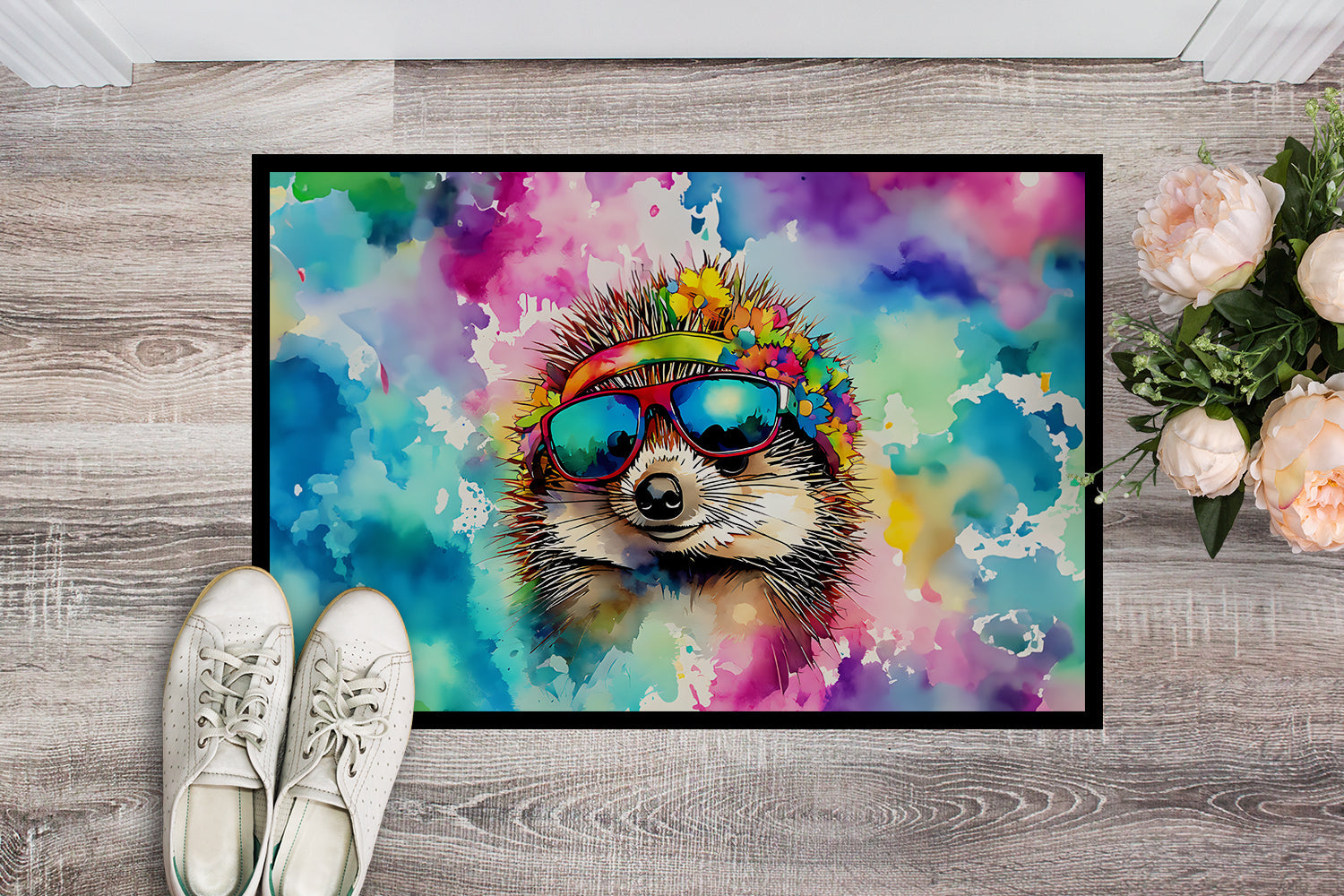 Hippie Animal Hedgehog Doormat Indoor Outdoor 24H X 36W Front Door Mat Rugs for Entryway, Non Slip Washable Low Pile,