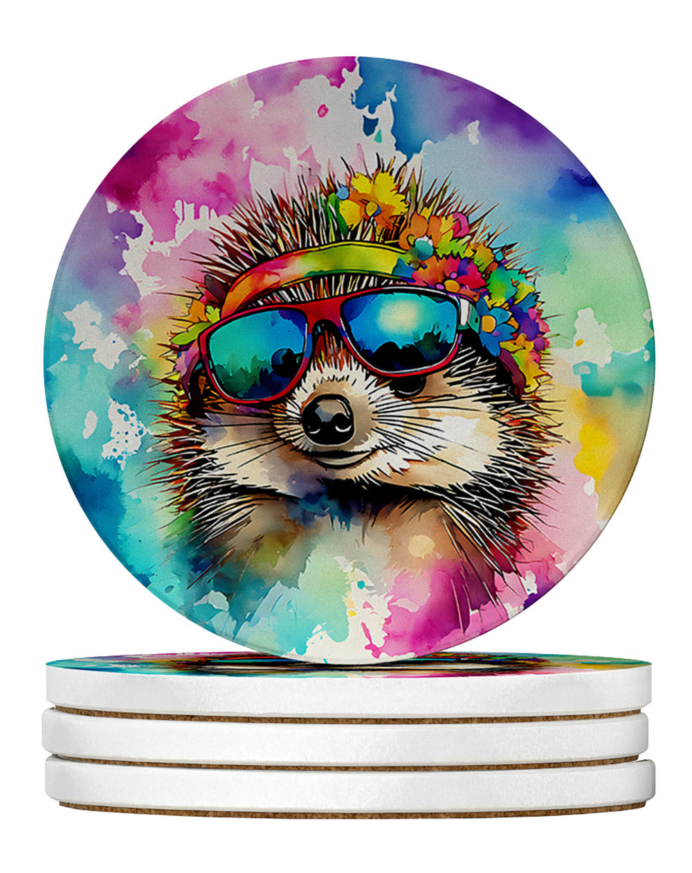 Hippie Animal Hedgehog Large Sandstone Coasters Pack of 4 Absorbent Round Coasters Decor Gifts for Men or Women, 4 in, Multicolor