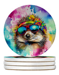 Hippie Animal Hedgehog Large Sandstone Coasters Pack of 4 Absorbent Round Coasters Decor Gifts for Men or Women, 4 in, Multicolor