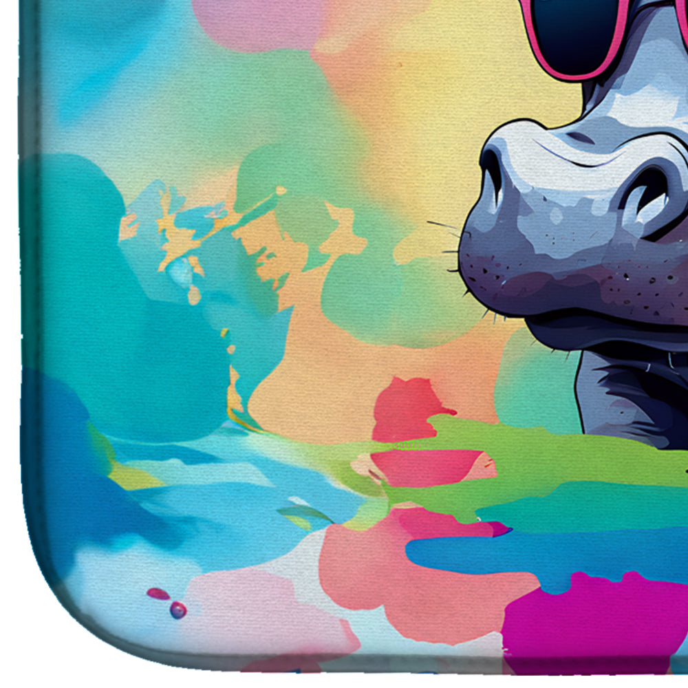 Hippie Animal Hippopotamus Dish Drying Mat Absorbent Dish Drying Mat Pad for Kitchen Counter Dish Drainer Mat for Countertop, 14 x 21", Multicolor