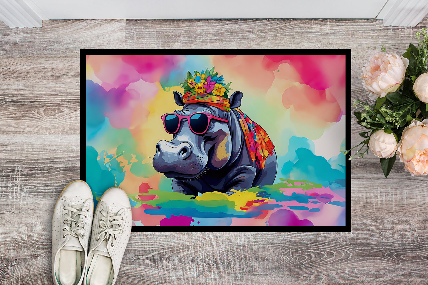 Hippie Animal Hippopotamus Doormat Indoor Outdoor 18H X 27W Front Door Mat Rugs for Entryway, Non Slip Washable