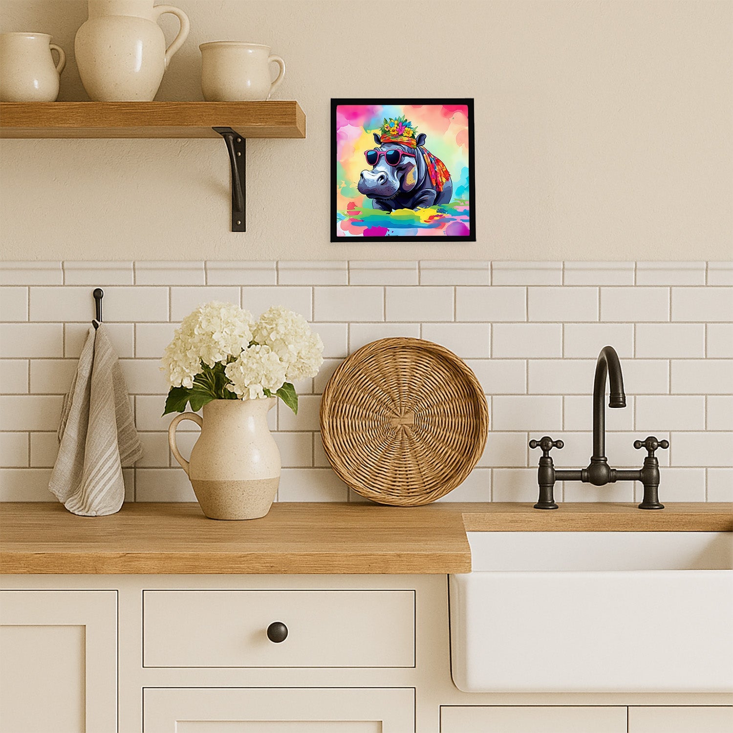 Hippie Animal Hippopotamus Framed Metal Print Bathroom, Kitchen, Office, Home Decor Wall Art Ready to Hang, Square, 8X8