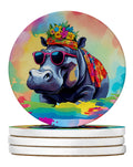 Hippie Animal Hippopotamus Large Sandstone Coasters Pack of 4 Absorbent Round Coasters Decor Gifts for Men or Women, 4 in, Multicolor