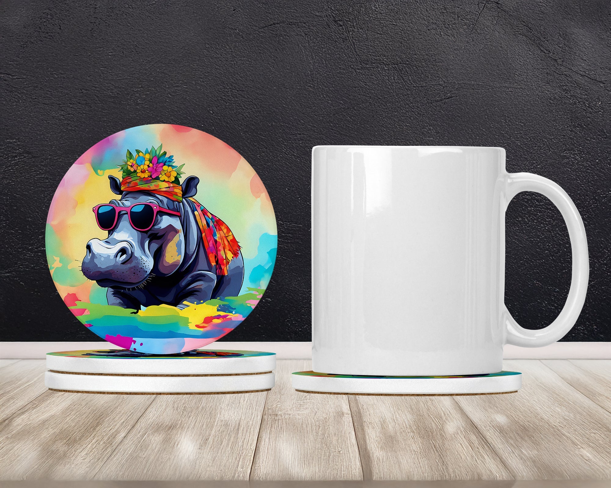 Hippie Animal Hippopotamus Large Sandstone Coasters Pack of 4 Absorbent Round Coasters Decor Gifts for Men or Women, 4 in, Multicolor