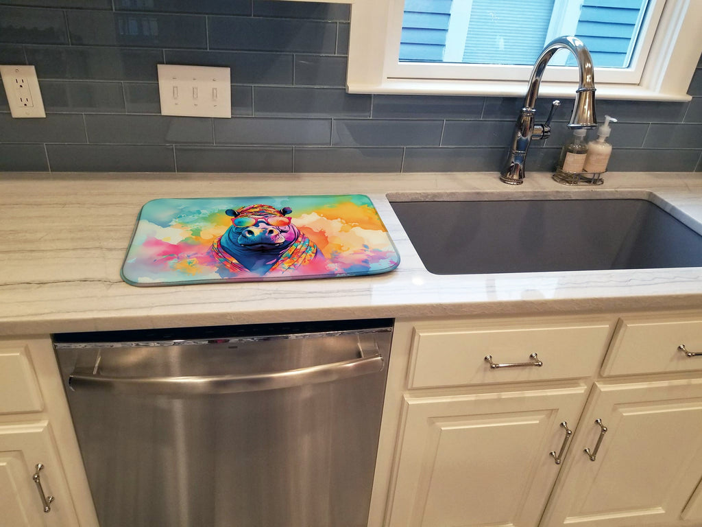 Hippie Animal Hippopotamus Dish Drying Mat Absorbent Dish Drying Mat Pad for Kitchen Counter Dish Drainer Mat for Countertop, 14 x 21", Multicolor