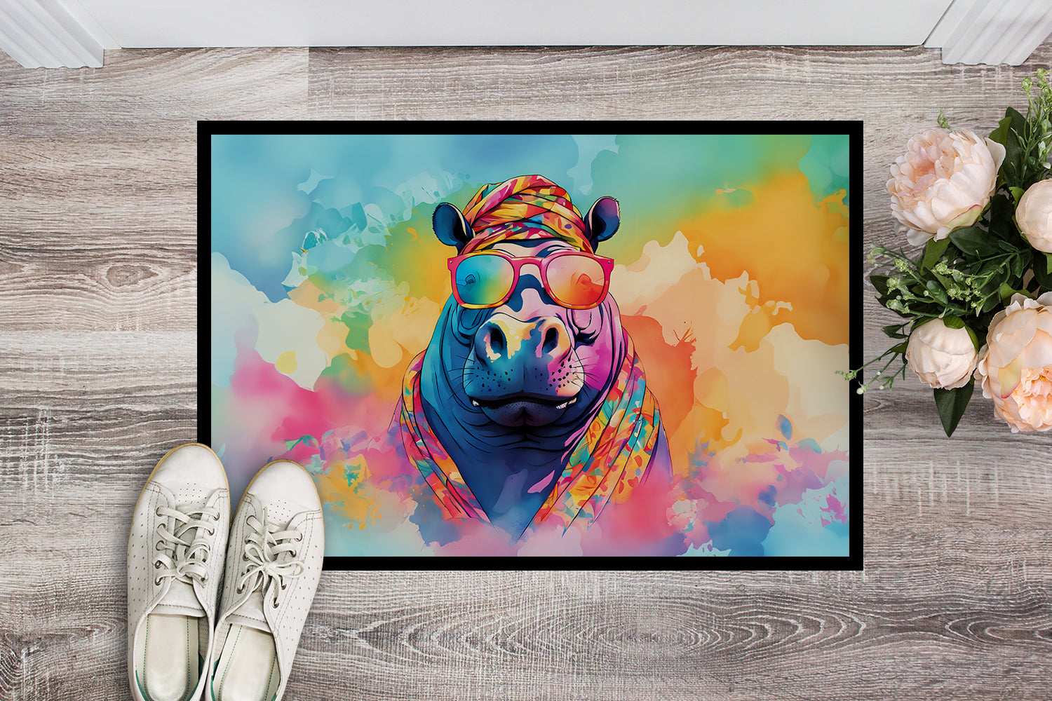 Hippie Animal Hippopotamus Doormat Indoor Outdoor 24H X 36W Front Door Mat Rugs for Entryway, Non Slip Washable Low Pile,