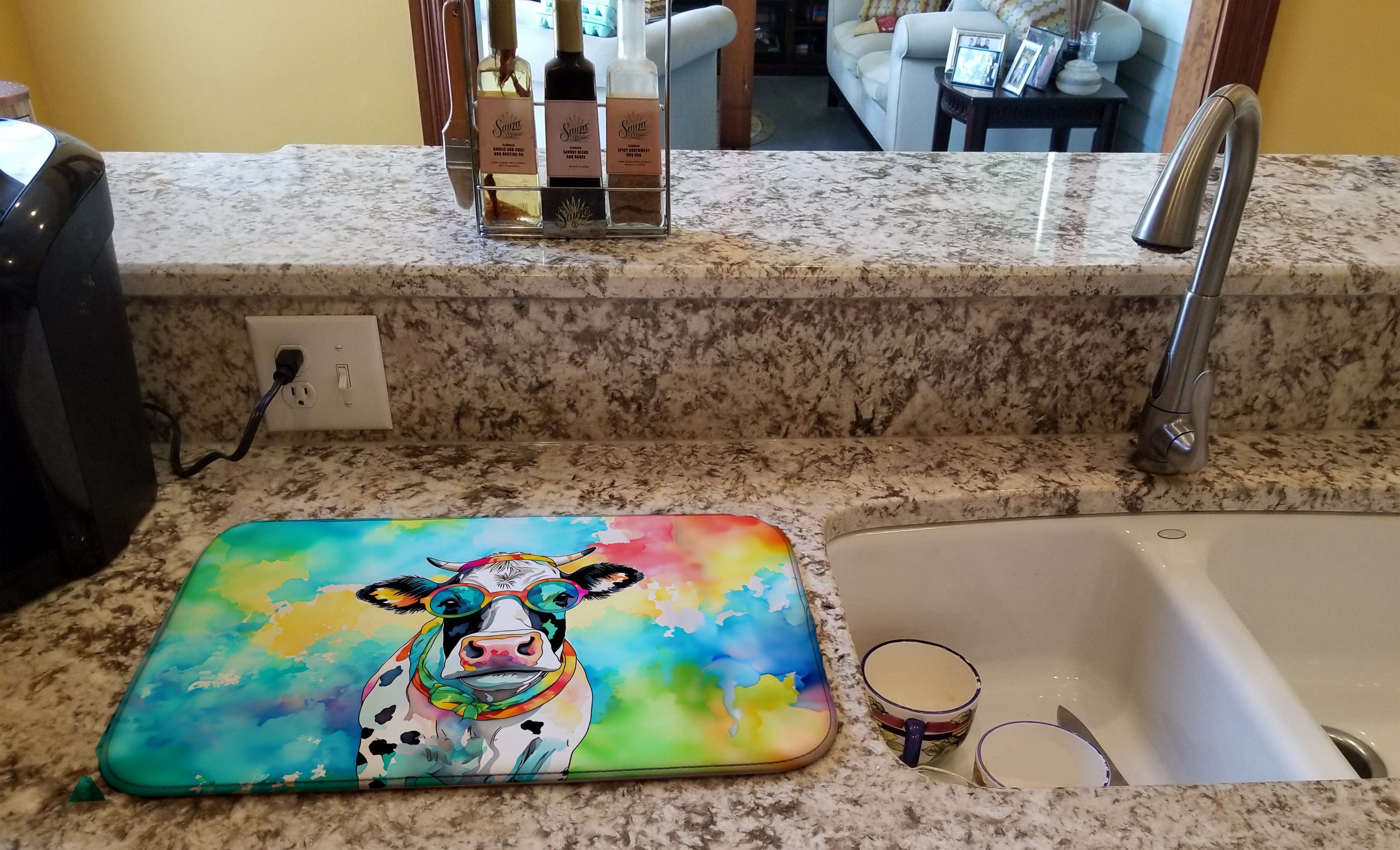 Hippie Animal Cow Dish Drying Mat Absorbent Dish Drying Mat Pad for Kitchen Counter Dish Drainer Mat for Countertop, 14 x 21", Multicolor