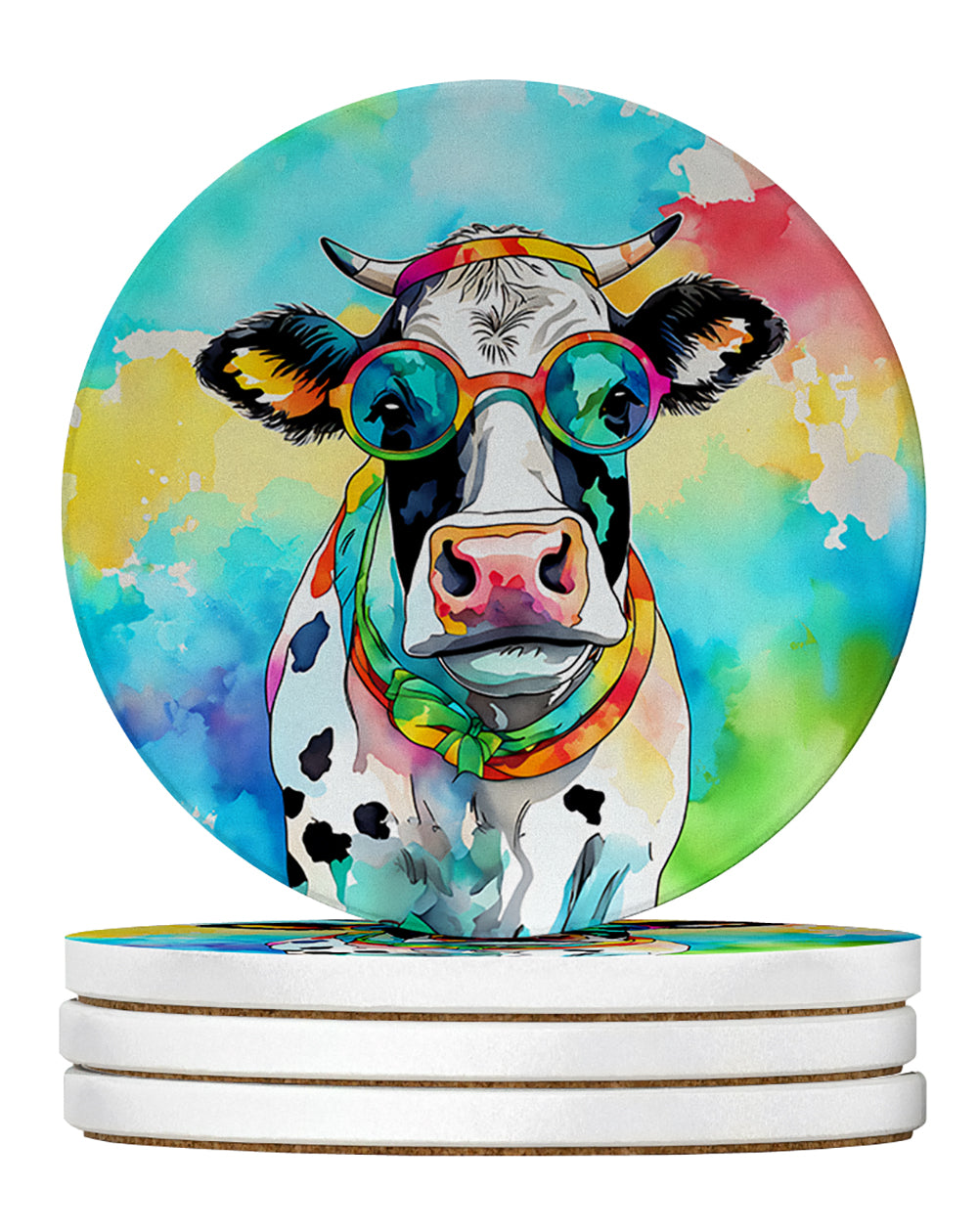 Hippie Animal Cow Large Sandstone Coasters Pack of 4 Absorbent Round Coasters Decor Gifts for Men or Women, 4 in, Multicolor