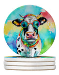 Hippie Animal Cow Large Sandstone Coasters Pack of 4 Absorbent Round Coasters Decor Gifts for Men or Women, 4 in, Multicolor
