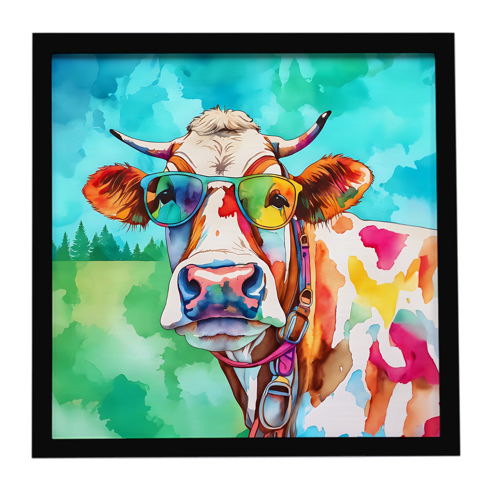Hippie Animal Cow Framed Metal Print Bathroom, Kitchen, Office, Home Decor Wall Art Ready to Hang, Square, 8X8