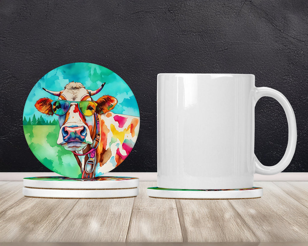 Hippie Animal Cow Large Sandstone Coasters Pack of 4 Absorbent Round Coasters Decor Gifts for Men or Women, 4 in, Multicolor