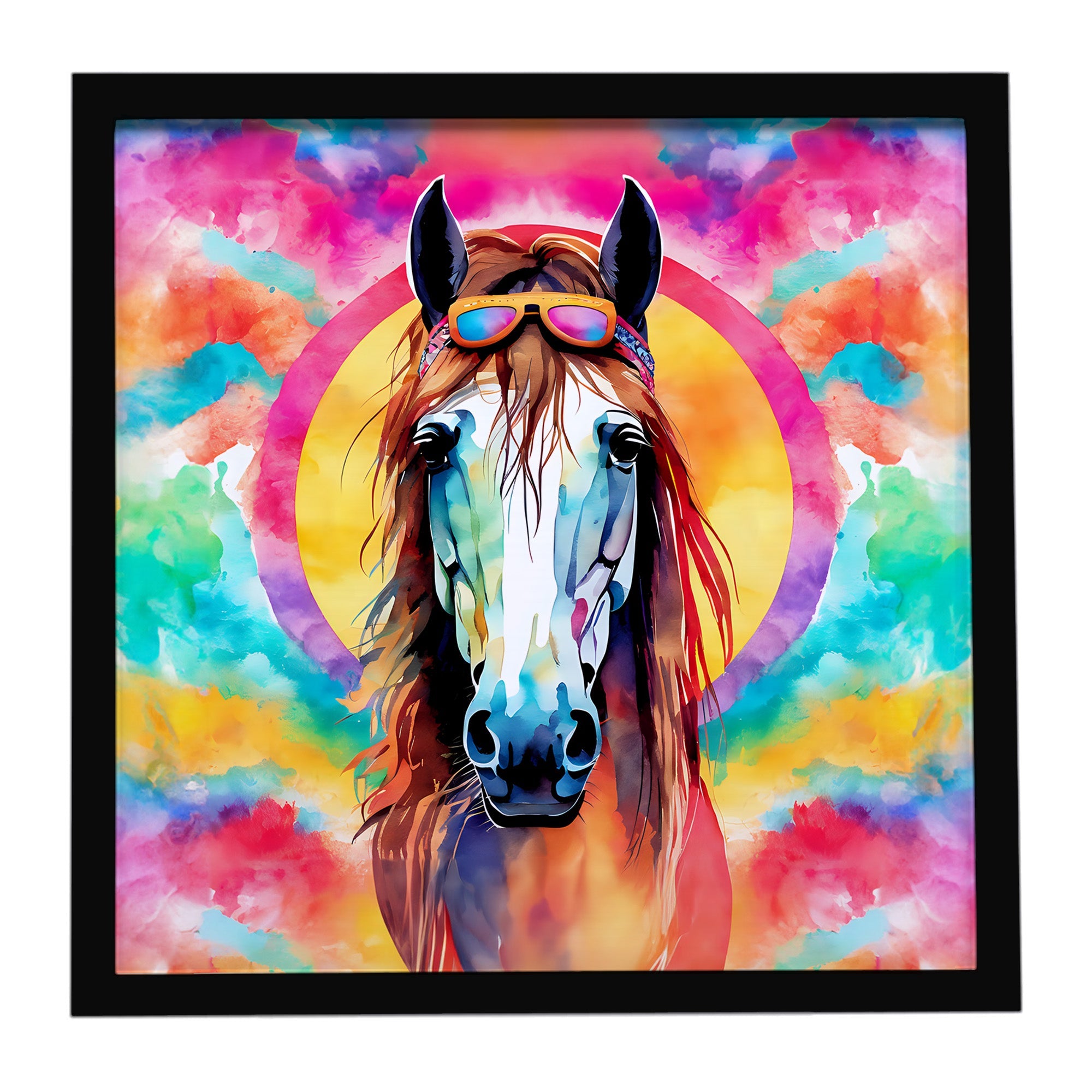 Hippie Animal Horse Framed Metal Print Bathroom, Kitchen, Office, Home Decor Wall Art Ready to Hang, Square, 8X8