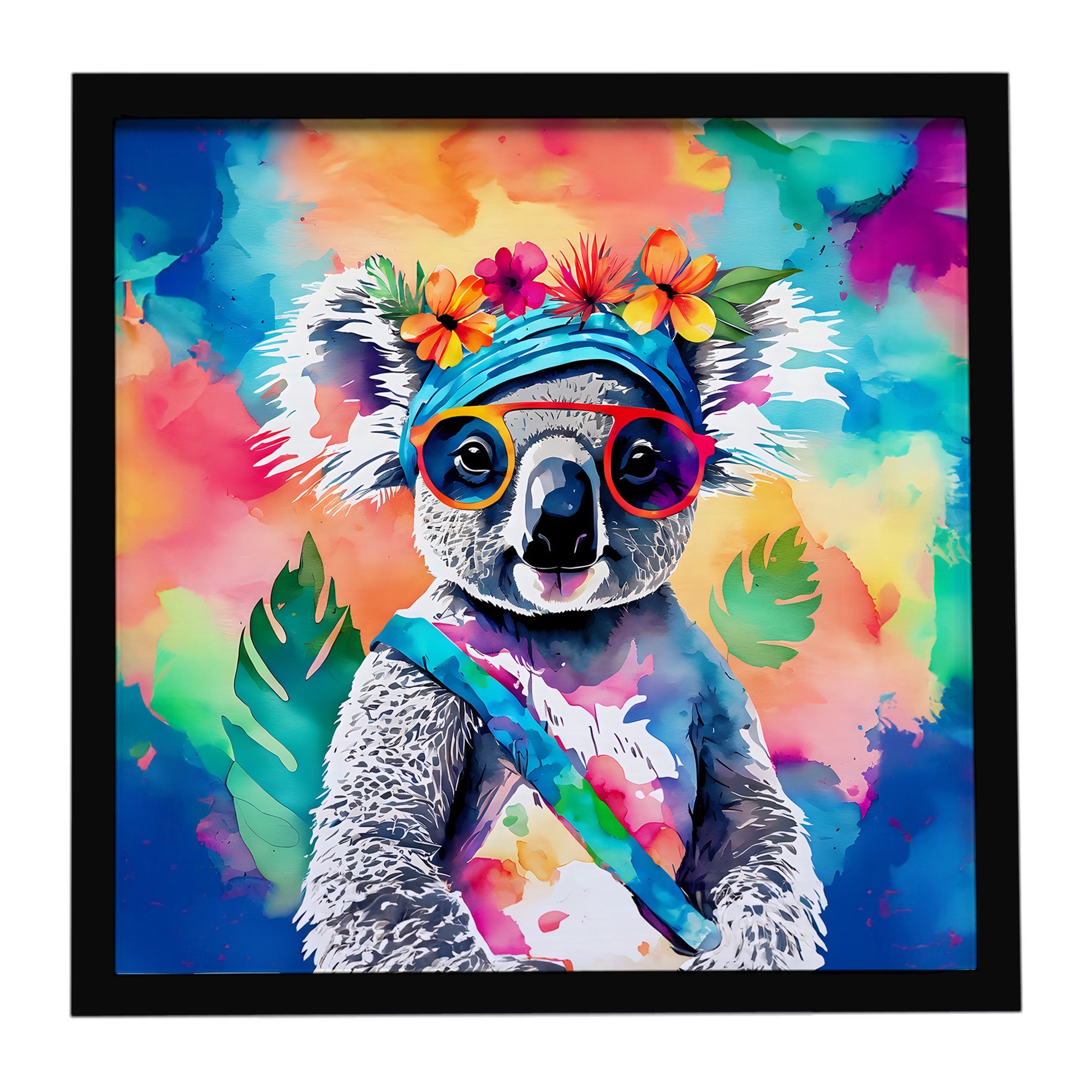 Hippie Animal Koala Framed Metal Print Bathroom, Kitchen, Office, Home Decor Wall Art Ready to Hang, Square, 8X8