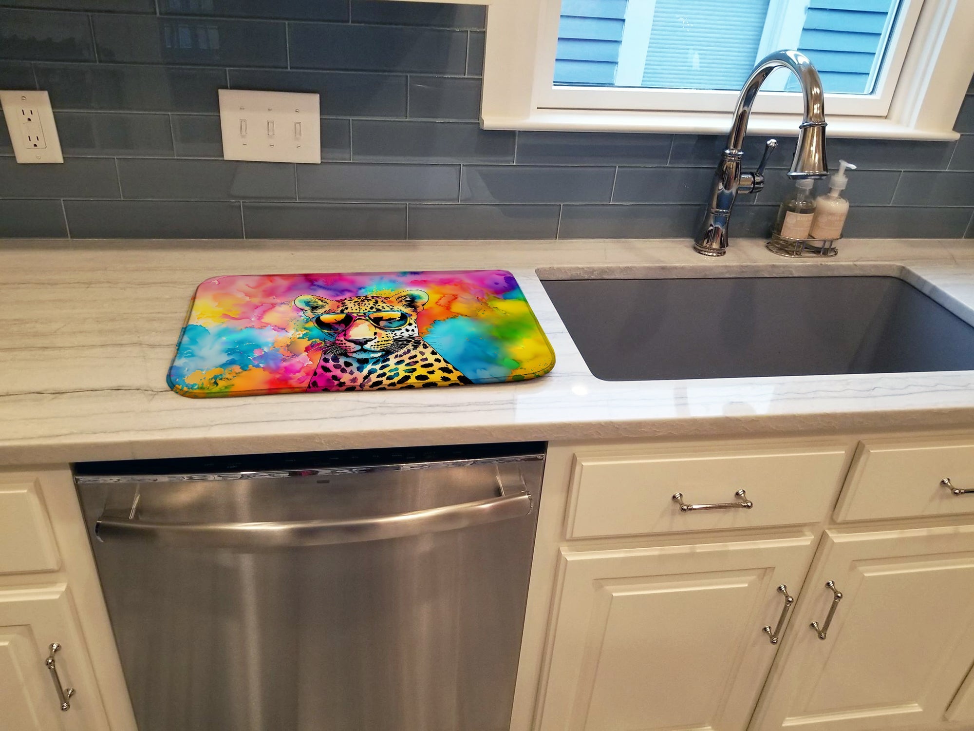 Hippie Animal Leopard Dish Drying Mat Absorbent Dish Drying Mat Pad for Kitchen Counter Dish Drainer Mat for Countertop, 14 x 21", Multicolor