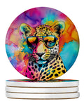 Hippie Animal Leopard Large Sandstone Coasters Pack of 4 Absorbent Round Coasters Decor Gifts for Men or Women, 4 in, Multicolor