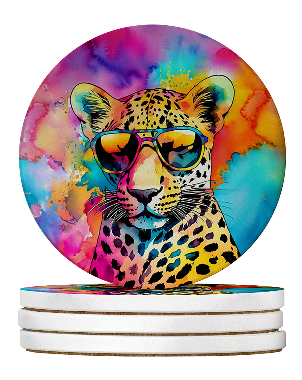 Hippie Animal Leopard Large Sandstone Coasters Pack of 4 Absorbent Round Coasters Decor Gifts for Men or Women, 4 in, Multicolor