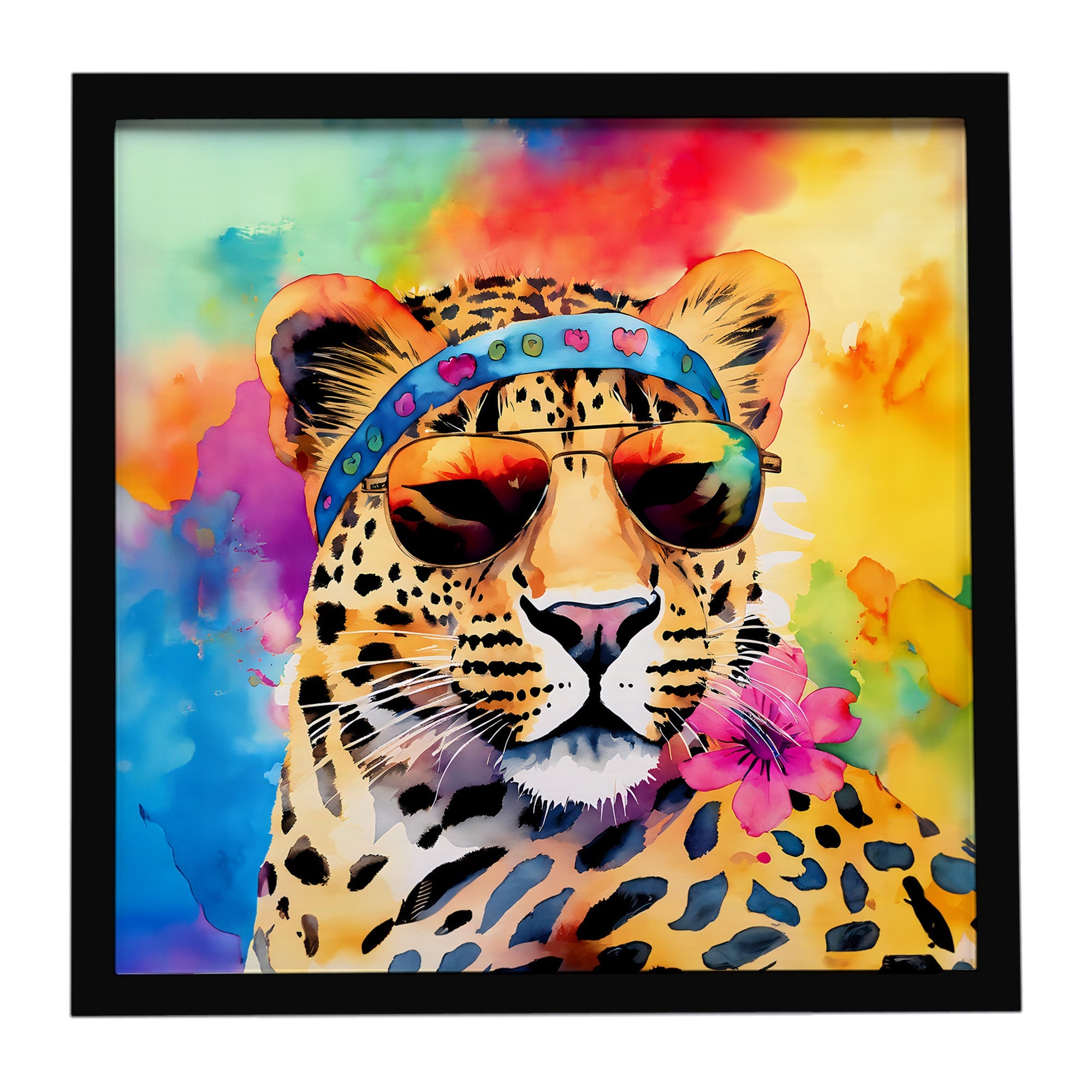 Hippie Animal Leopard Framed Metal Print Bathroom, Kitchen, Office, Home Decor Wall Art Ready to Hang, Square, 8X8