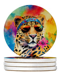 Hippie Animal Leopard Large Sandstone Coasters Pack of 4 Absorbent Round Coasters Decor Gifts for Men or Women, 4 in, Multicolor