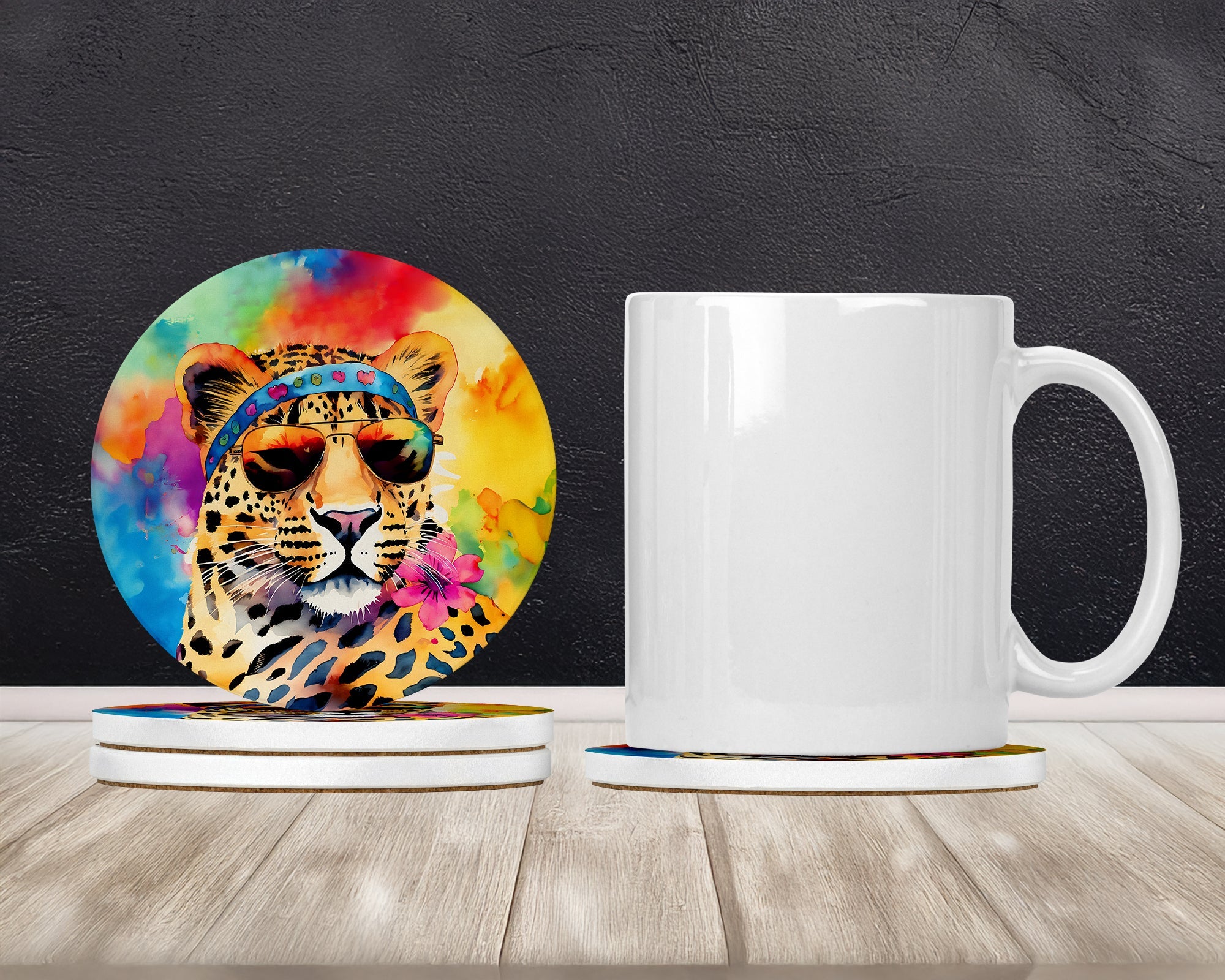 Hippie Animal Leopard Large Sandstone Coasters Pack of 4 Absorbent Round Coasters Decor Gifts for Men or Women, 4 in, Multicolor