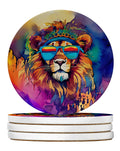 Hippie Animal Lion Large Sandstone Coasters Pack of 4 Absorbent Round Coasters Decor Gifts for Men or Women, 4 in, Multicolor