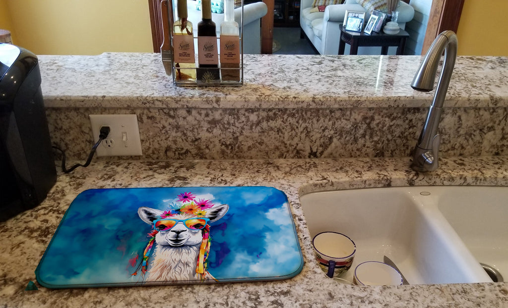 Hippie Animal Llama Dish Drying Mat Absorbent Dish Drying Mat Pad for Kitchen Counter Dish Drainer Mat for Countertop, 14 x 21", Multicolor
