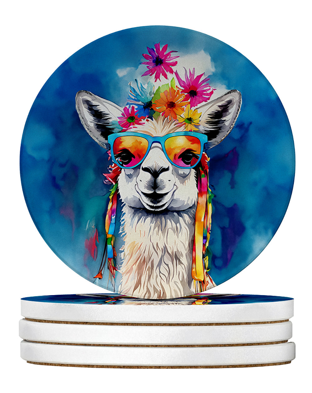 Hippie Animal Llama Large Sandstone Coasters Pack of 4 Absorbent Round Coasters Decor Gifts for Men or Women, 4 in, Multicolor
