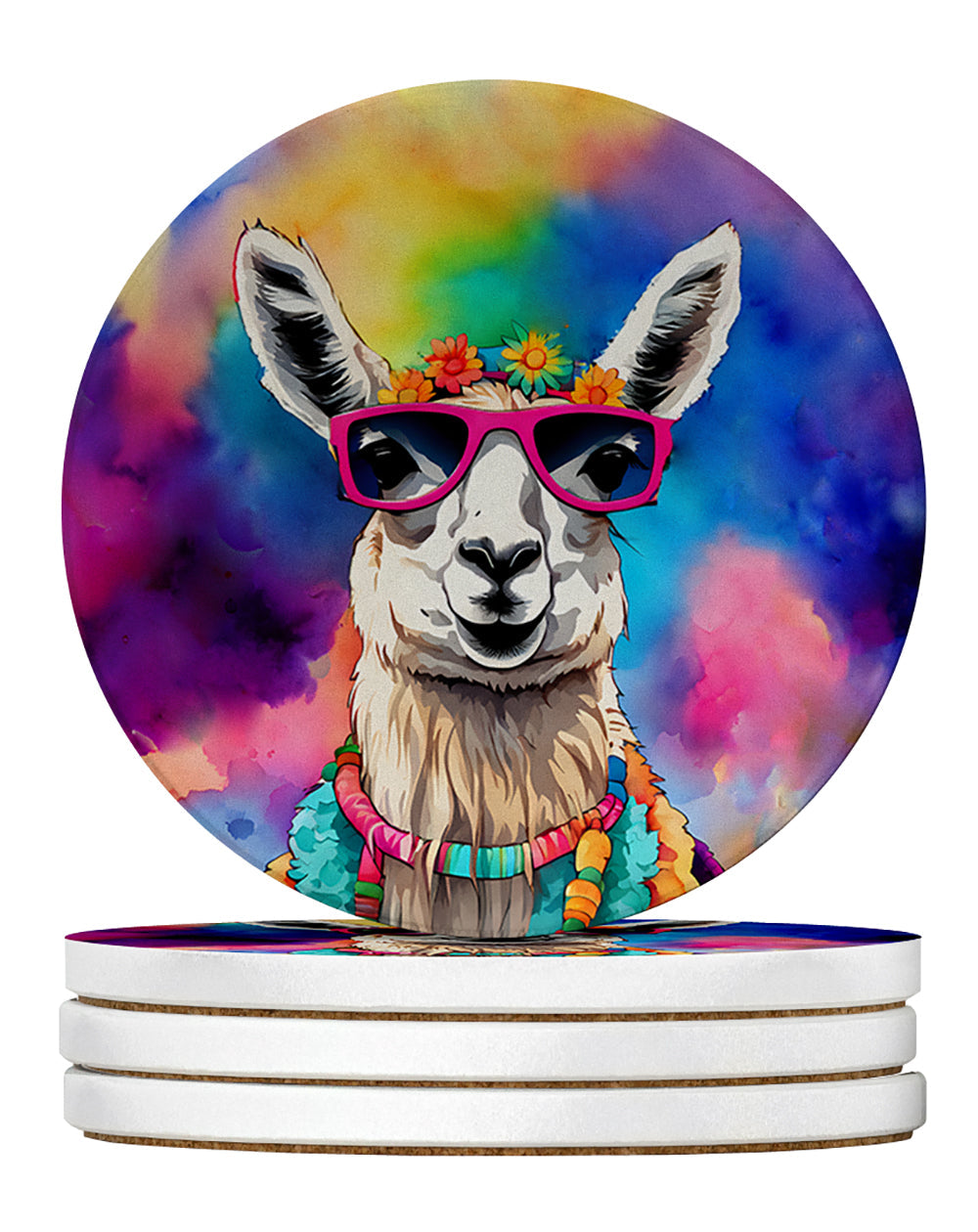 Hippie Animal Llama Large Sandstone Coasters Pack of 4 Absorbent Round Coasters Decor Gifts for Men or Women, 4 in, Multicolor