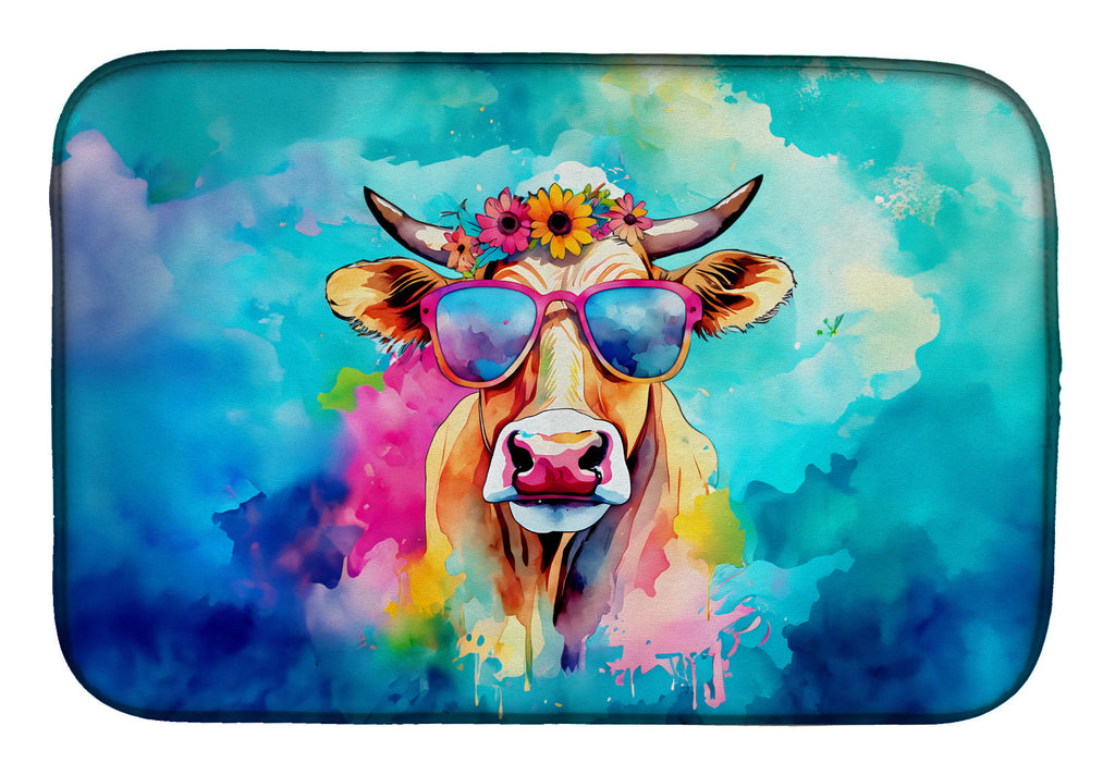 Hippie Animal Malvi Cow Dish Drying Mat Absorbent Dish Drying Mat Pad for Kitchen Counter Dish Drainer Mat for Countertop, 14 x 21", Multicolor