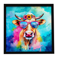 Hippie Animal Malvi Cow Framed Metal Print Bathroom, Kitchen, Office, Home Decor Wall Art Ready to Hang, Square, 8X8