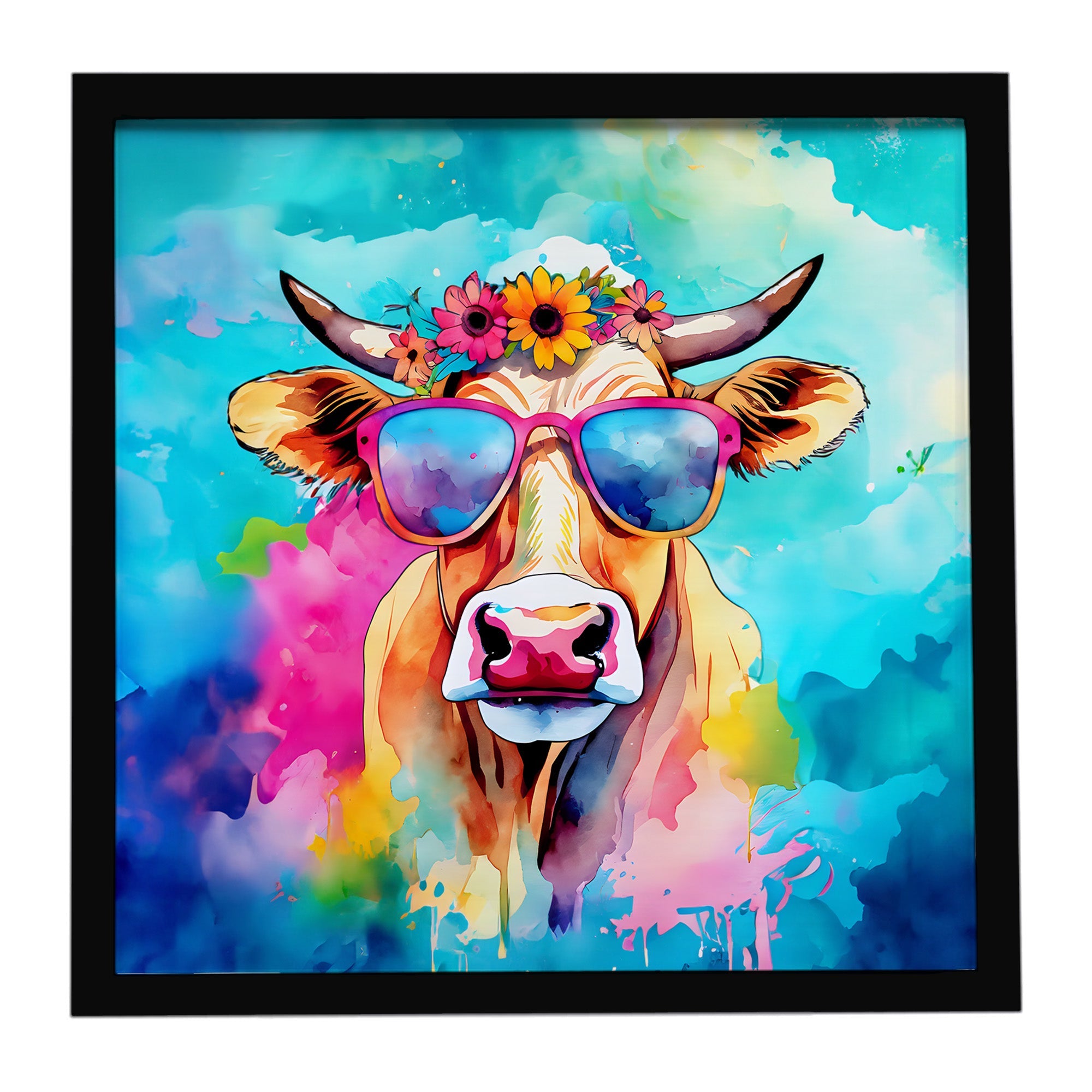 Hippie Animal Malvi Cow Framed Metal Print Bathroom, Kitchen, Office, Home Decor Wall Art Ready to Hang, Square, 8X8