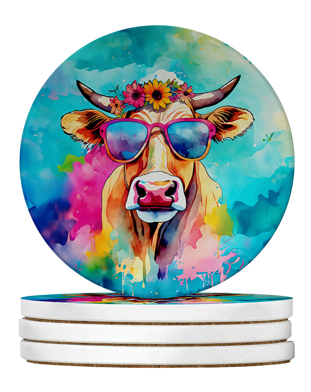 Hippie Animal Malvi Cow Large Sandstone Coasters Pack of 4 Absorbent Round Coasters Decor Gifts for Men or Women, 4 in, Multicolor
