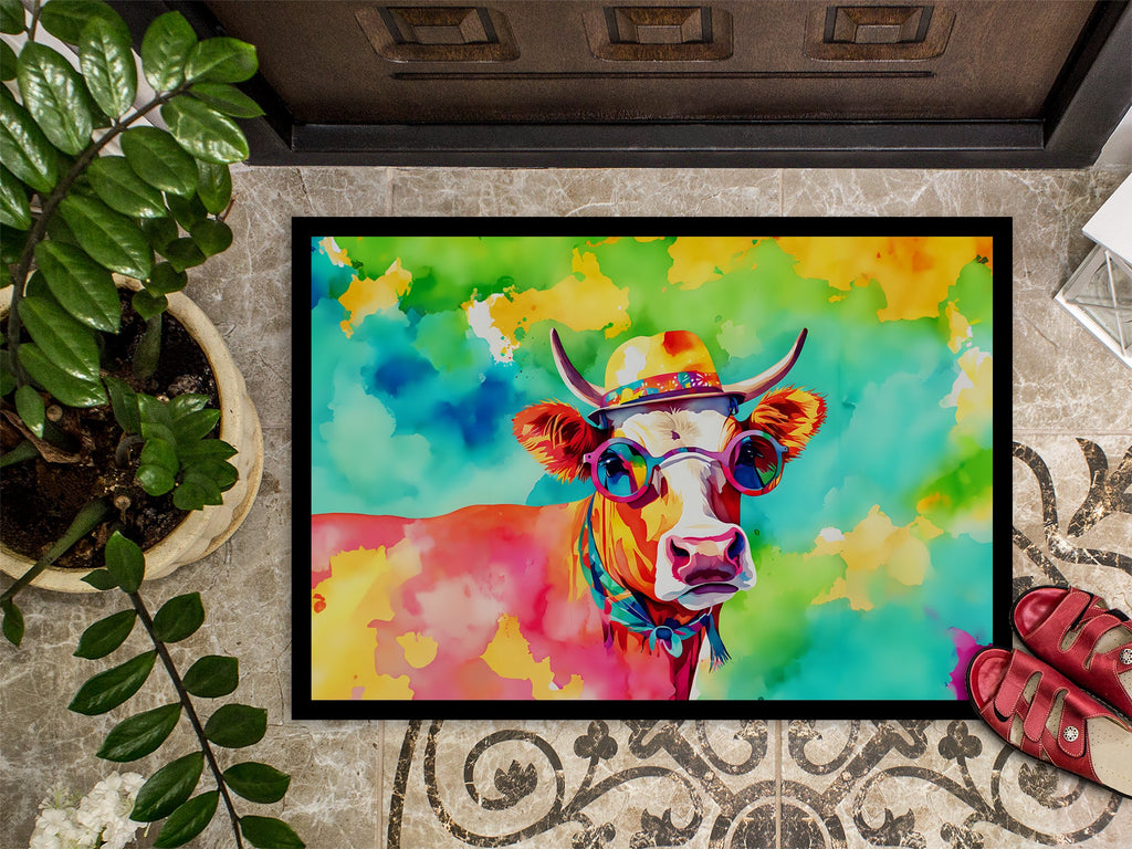 Hippie Animal Malvi Cow Doormat Indoor Outdoor 24H X 36W Front Door Mat Rugs for Entryway, Non Slip Washable Low Pile,